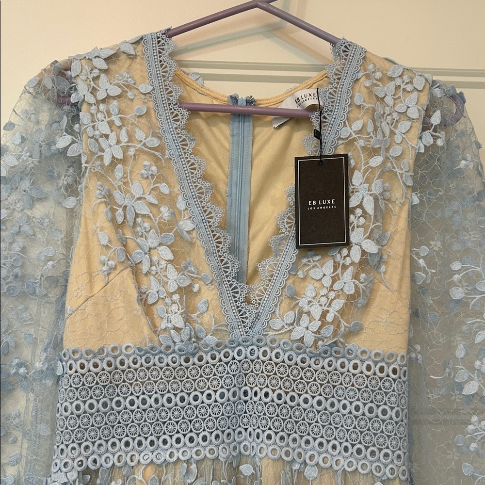 Luxe Blue and Cream Long Sleeve Dress